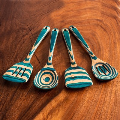 Baltique 4pc Mykonos Utensil Set: Wood Kitchen Tools, Hand Wash, Adult Cooking Utensils, Turquoise Blue — фото 8