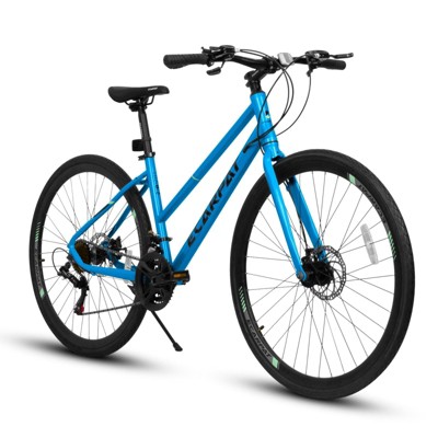 VisioGear Road Bikes, Hybrid Bike for Adult, 21-Speed Road Bicycles Carbon Steel Frame, Dual-Disc Brakes, Black and Blue, 68.1*27*39.7