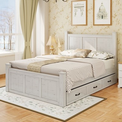 NicBex King Farmhouse Style Wood Panel Bed Frame with 3 Storage Drawers,4 Square Poster Wood Platform Bed Frame,Easy Assembly,White