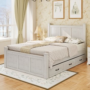 NicBex King Farmhouse Style Wood Panel Bed Frame with 3 Storage Drawers,4 Square Poster Wood Platform Bed Frame,Easy Assembly,White - 1 of 4