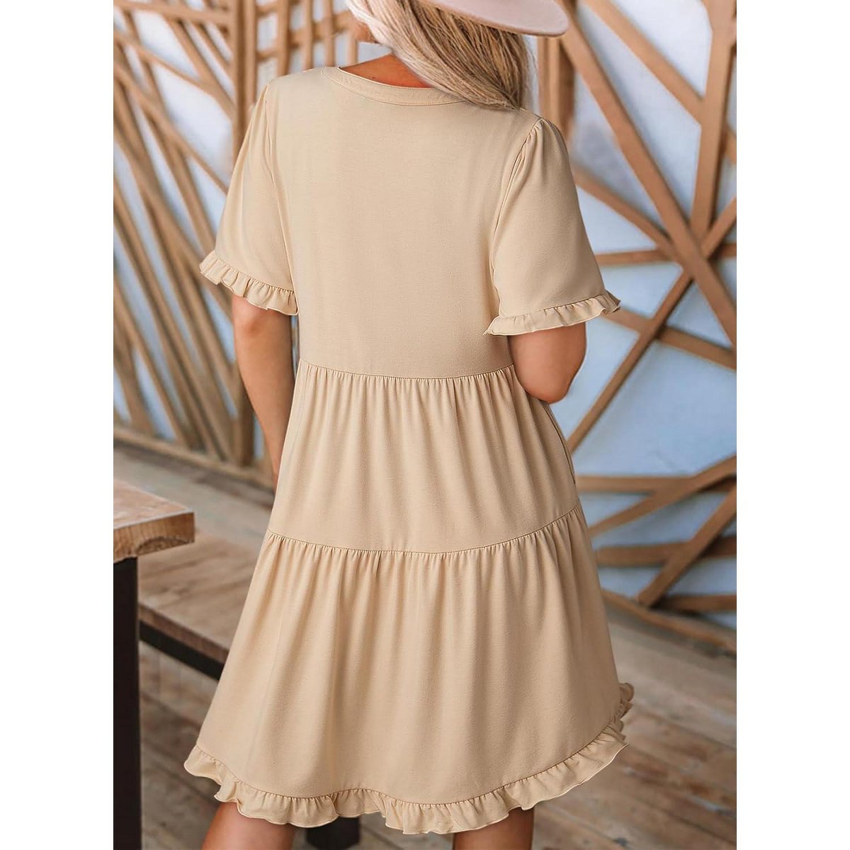 Женские платья YesFashion Womens Dresses Summer Spring V Neck Short Sleeve Casual A Line Flowy Swing Shift Dress Mini Dress Apricot S — фото 2