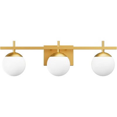 Runesay Mid Century Modern Gold Bathroom Light Fixtures 3-Light Gold Milky Glass Modern Bathroom Vanity Lights Over Mirror (Exclude Bulb)