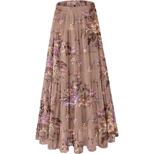 Women's 2025 Boho Chiffon Maxi Skirt - Flowy Pleated A-Line Long Skirt with Elastic Waist Dark Pink Flowers-70 - 1 of 4