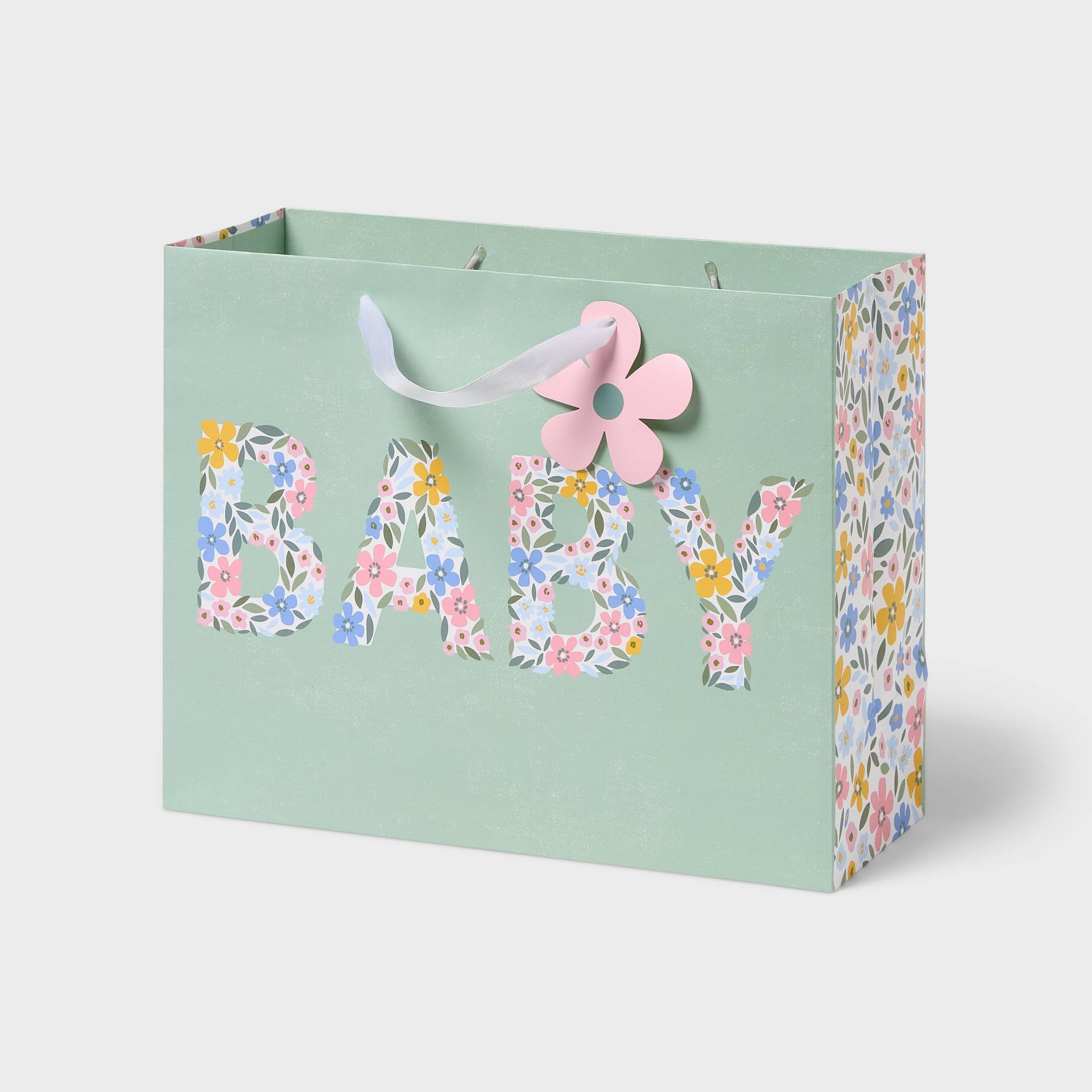 Large 'Baby' Floral Baby Shower Gift Bag with Tag Green - Spritz™