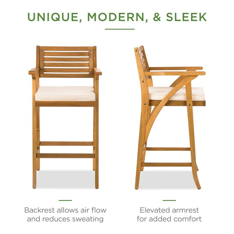 Best Choice Products Set of 2 Outdoor Acacia Wood Bar Stools Bar Chairs w/ Weather-Resistant Cushions - Teak Finish, 3 of 10