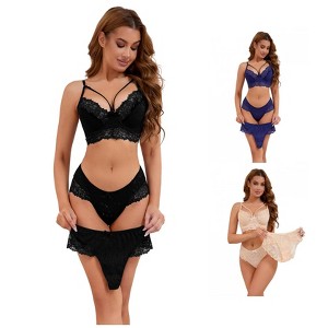 INSPIRE CHIC Women's 3 Sets Cross Straps Full Coverage Bralette and Panty Mesh Floral Lace Underwear Set - 1 of 4