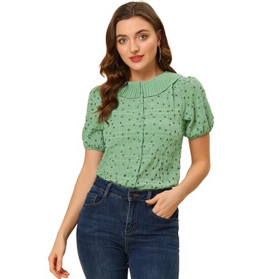 Allegra K Women's Floral Pleated Collar Puff Sleeves Button Down Shirt
