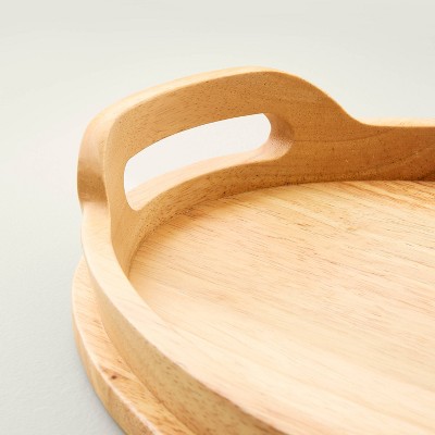 18" Light Brown Rubberwood Round Serving Tray with Handles