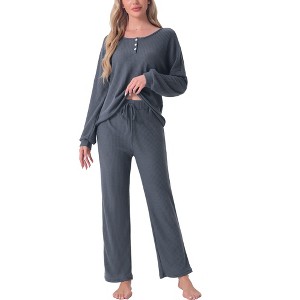 cheibear Women's Waffle Knit Lounge Longsleeve Pajama Set 2 Pcs - 1 of 4