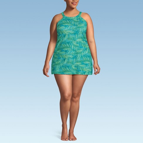 Lands End Women s Plus Size Chlorine Resistant High Neck Swim Dress One Piece Swimsuit 20w Island Emerald Stipple Palm Target