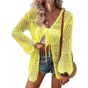 Womens Cardigan Spring Tops Sheer Lightweight Summer Cardigan Beach Cover Up Tops V Neck Lantern Sleeve Sweater Cardigan - 1 of 4