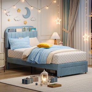 Twin Bed Frame for Kids, Upholstered Platform with Storage Drawer & Bookcase Headboard, No Box Spring Needed - 1 of 4