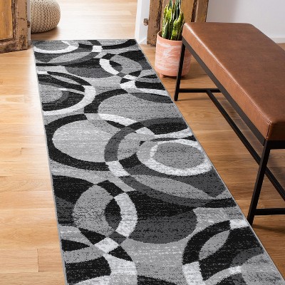 Gray Geometric Circles Stain-Resistant Runner Rug 2'7" x 6'