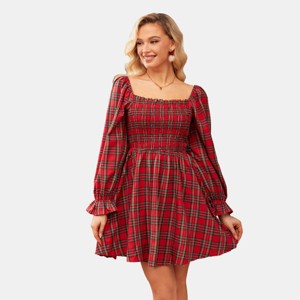 Women's Red Plaid Festive Square Neck Puff Sleeve Mini Dress - Cupshe - 1 of 4