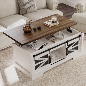 47.2" Farmhouse Rustic Lift-Top Coffee Table – Multifunctional Design with Sliding Barn Door and Hidden Storage - 1 of 4