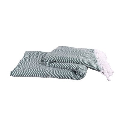 HomeRoots 60" X 50" Green Woven Cotton Chevron Throw Blanket with Fringe