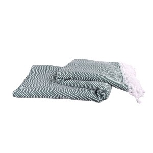 HomeRoots 60" X 50" Green Woven Cotton Chevron Throw Blanket with Fringe - 1 of 4
