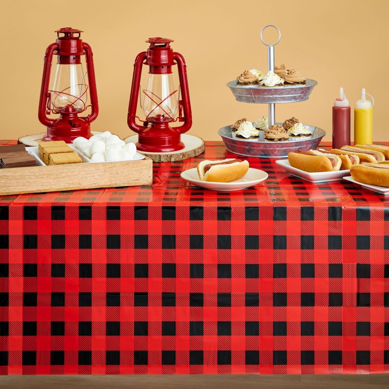 Blue Panda 3 Pack Red and Black Plastic Tablecloth for Kids Buffalo Birthday, Lumberjack Party Decorations, 54 x 108 In, 2 of 6
