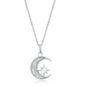 Bella Silver Sterling Silver MOP Crescent Moon with Star Necklace - White - 16+2 Inch - 1 of 2