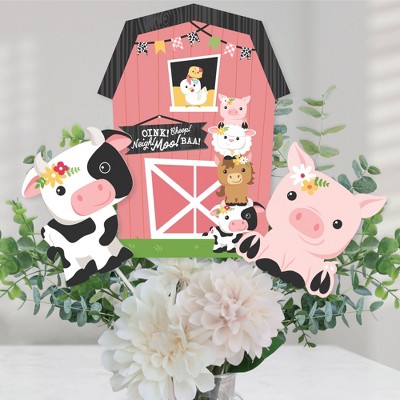 Big Dot of Happiness Girl Farm Animals - Pink Barnyard Baby Shower or Birthday Party Centerpiece Sticks - Table Toppers - Set of 15