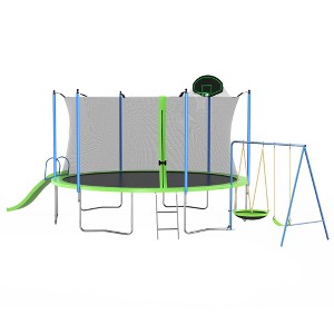 Jump Into Fun 12FT Recreational Trampoline With Swings,Plastic Slides,Ladder,Double color cover and Safety Enclosure Net for Courtyard Amusement Park - 1 of 4