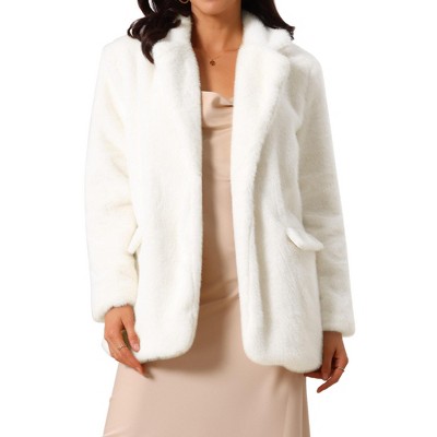 INSPIRE CHIC Women's Faux Fur Winter Open Front Notch Lapel Long Sleeve Fluffy One Button Coat