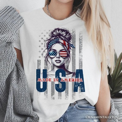 Made in America Messy Bun T-Shirt, Retro 4th of July White Patriotic Tee White 2XL