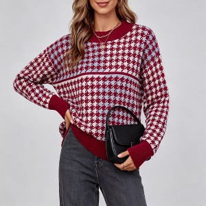 Women's Fall Crew Neck Long Sleeve Color Block Houndstooth