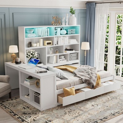 TIRAMISUBEST Full Size Wooden Daybed w/ Desk, All-in-One Storage Platform Bed Frame w/ Drawers, Shelves and Lights