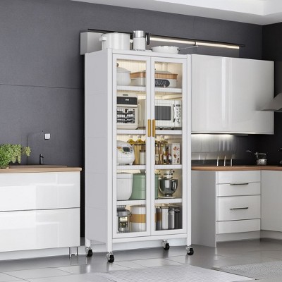 5 Tier Kitchen Pantry Cabinet with Wheels, Mobile Microwave Stand , Freestanding Kitchen Bakers Rack for Dining Room Office Laundry Room