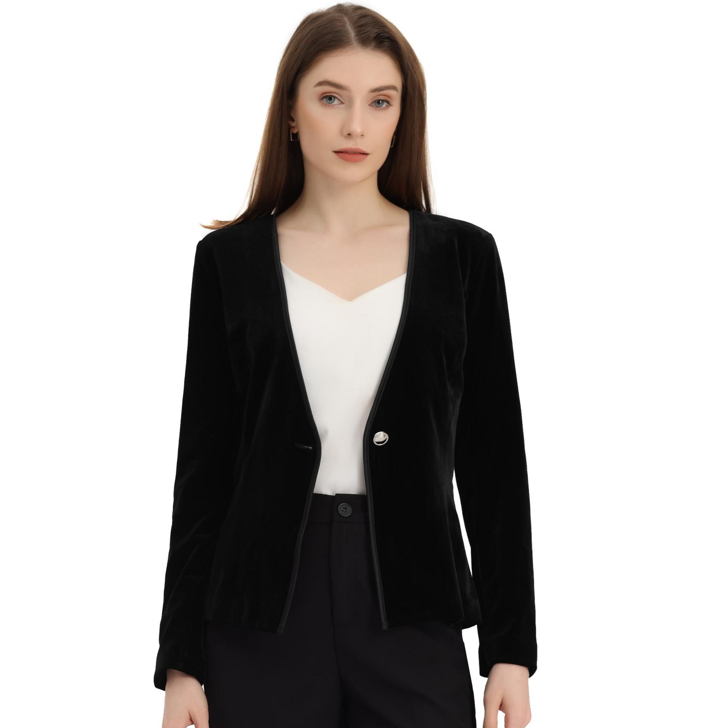 Женский пиджак Allegra K Long Sleeve Office Collarless 1 Button Velvet Blazer Black, цвет: Чёрный — фото 1