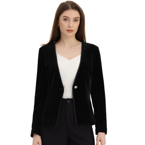 Allegra K Women's Long Sleeve Office Collarless 1 Button Velvet Blazer Black Small