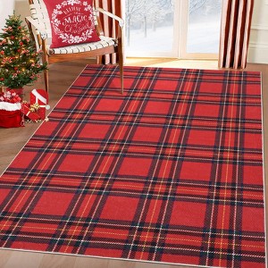 Christmas Area Rug, Plaid Print Washable Soft Carpet with Non Slip Backing, Low Pile Stain Resistant Floor Mat for Living Room, Bedroom - 1 of 4