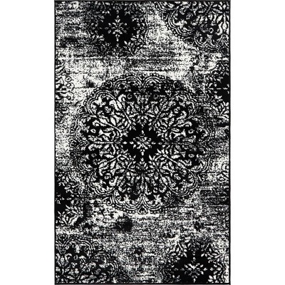 Black and White Synthetic Low Pile Bohemian Accent Rug