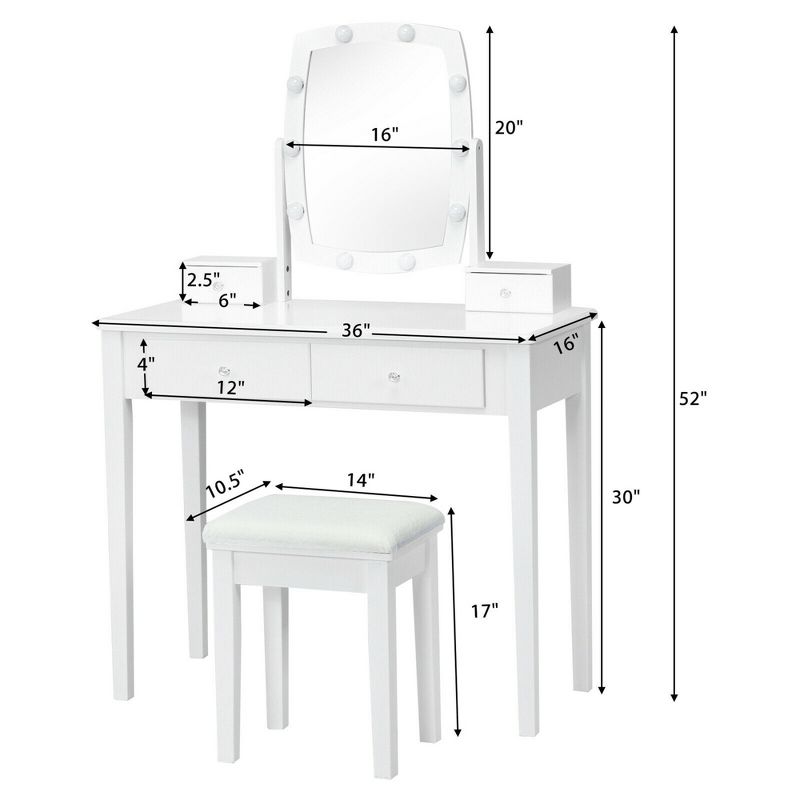 Costway Vanity Table Set with Lighted Mirror Adjustable 10 Bulbs Dresser 4 Drawer, 3 of 10