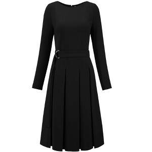 INSPIRE CHIC Women's Long Sleeve Pleated Crew Neck Belted Office Work A-Line Dress - 1 of 4