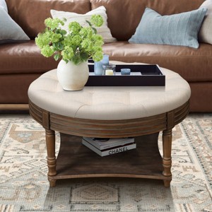 Large Round Ottoman Coffee Table, 2-Tier Button Tufted Linen Upholstered Pouf Coffee Table with Wooden Storage Shelf for Living Room – Cuddlewood - 1 of 4