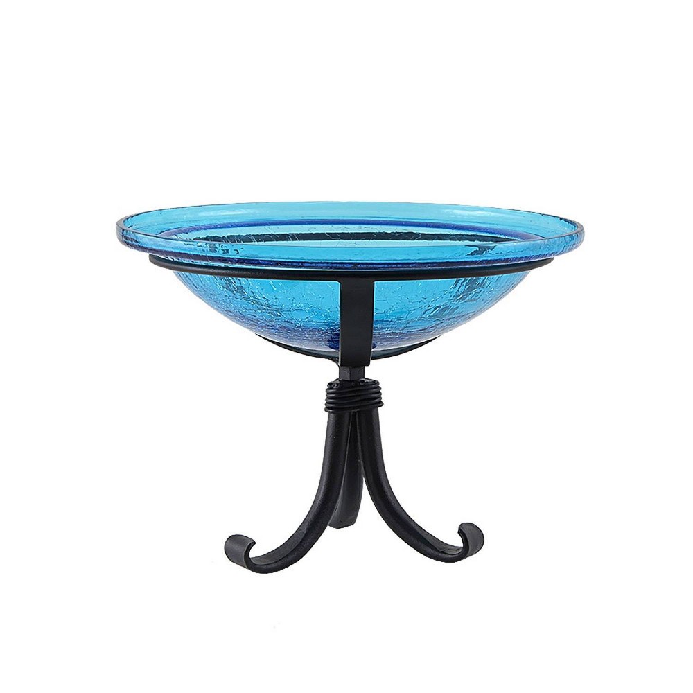 Photos - Other interior and decor 12.75" Reflective Crackle Glass Birdbath Bowl with Tripod Stand Teal Blue