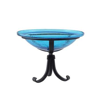 12.75" Reflective Crackle Glass Birdbath Bowl with Tripod Stand Teal Blue - Achla Designs