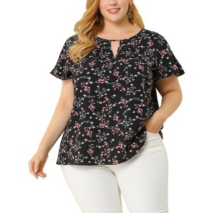 Agnes Orinda Plus Size Womens Tops Keyhole Flutter Short Sleeve Chiffon Floral Pattern - 1 of 4