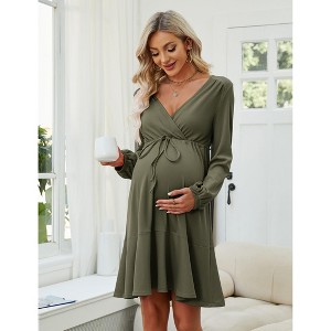 Coolmee Women V-neck Long Lantern Sleeve Waist Tunnel Drawstring Knee Length Maternity Dress Breastfeeding Dress - 1 of 4