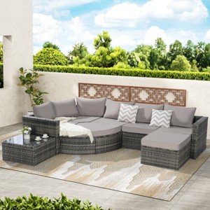 Outdoor 8-Piece Sectional Sofa Set, Free Combination Wicker Conversation Set with Glass Coffee Table, Sofa with Foam Cushions-Coolbibila - 1 of 4