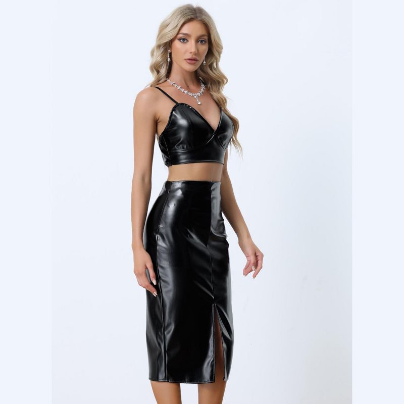 Allegra K Women's 2 Piece Faux Leather Cami Crop Top Pencil Skirt Outfit Set, 3 of 6