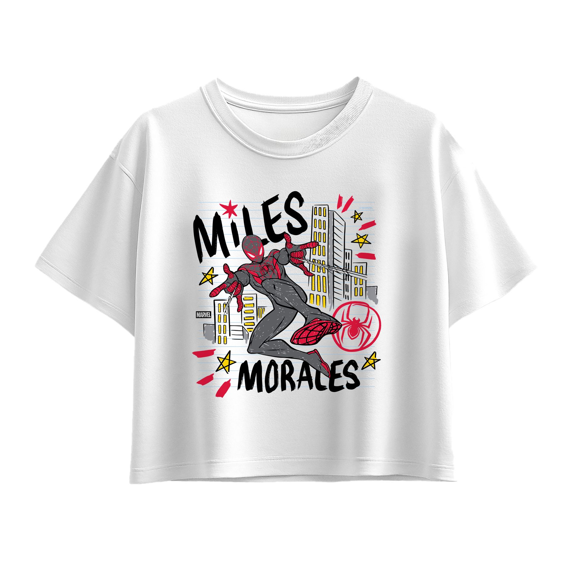 Girls' Spider-Man Miles Sketch Short Sleeve Boxy Graphic T-Shirt - White - Medium