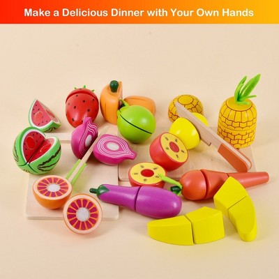 Colorful Wooden Pretend Play Food Set with Cutting Tools