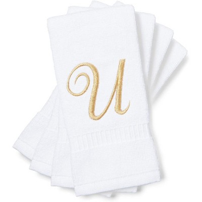 Juvale 4 Pack Monogrammed Fingertip Towels for Bathroom, Embroidered Letter U, White, 11 x 18 in.