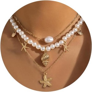 Women's Layered Gold Boho Beaded Seashell Choker With Pearl Starfish Adjustable Beach Jewelry Hawaiian Summer Accessories - 1 of 4