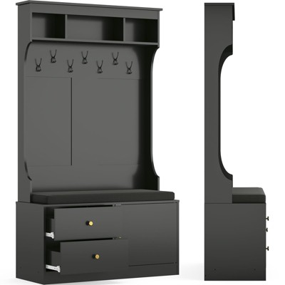 Lirago,6-in-1 Hall Tree with Bench, Shoe Storage & Hooks-Modern Mudroom Entryway Storage Bench,Black