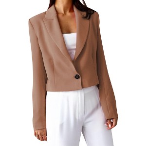 Women's Long Sleeve Button Blazer Notch Lapel Jacket Short Office Coat - 1 of 4