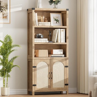 Rustic Bookshelves and Bookcases with Doors, Wooden 3 Shelf Bookshelves with Cabinets, 70" Tall Floor Standing Display Storage Shelves for Bedroom
